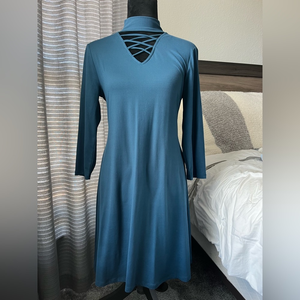 Blue Neiman Marcus mid length V- neck dress, never been worn